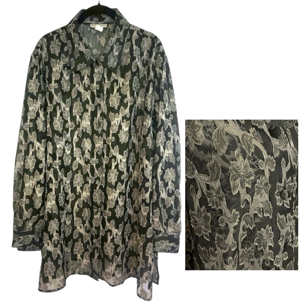 Notations Woman Burnout Gold & Black Metallic Floral Print Button Down Blouse